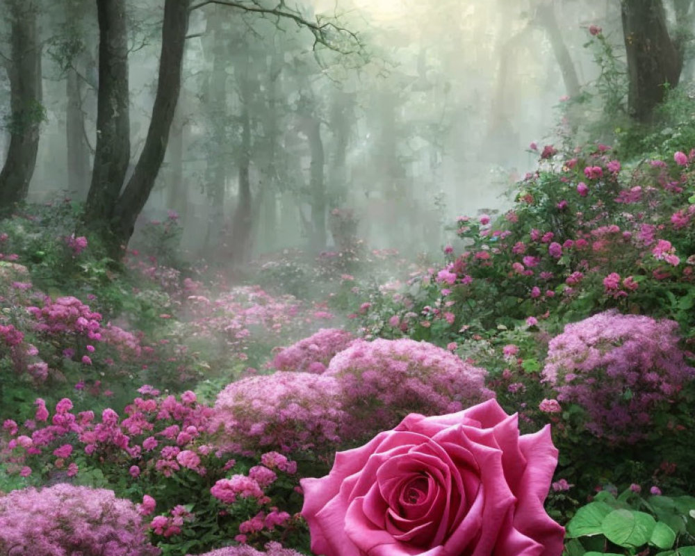 Enchanting forest scene with giant pink rose and blooming shrubs