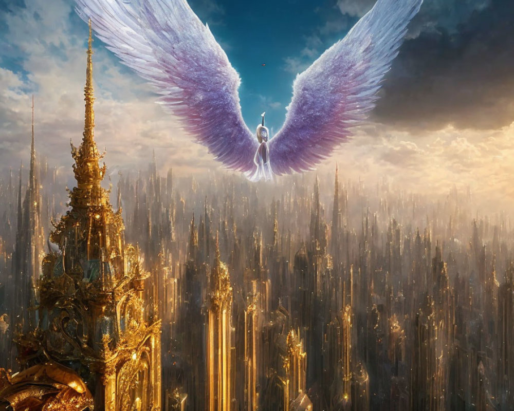 Majestic angelic figure with purple wings over golden city