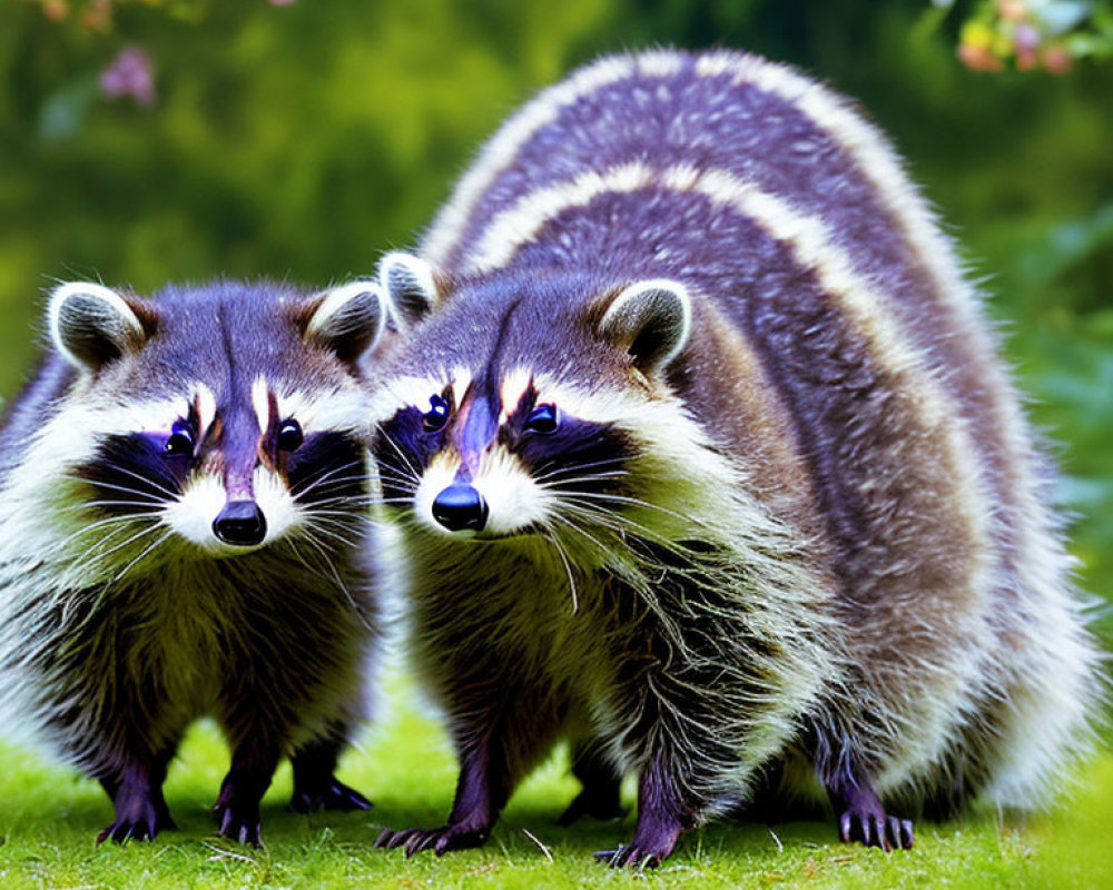 Two raccoons on grass with lush green backdrop.