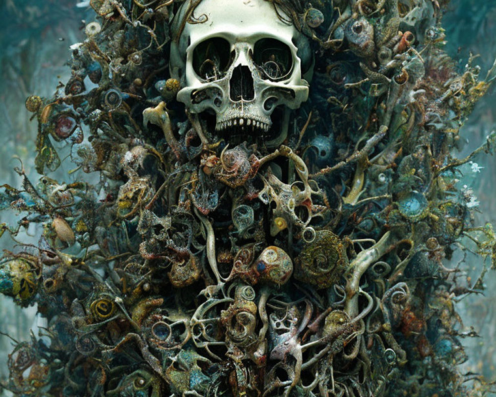 Skull surrounded by marine flora and fauna, snails, shells, seaweed mosaic