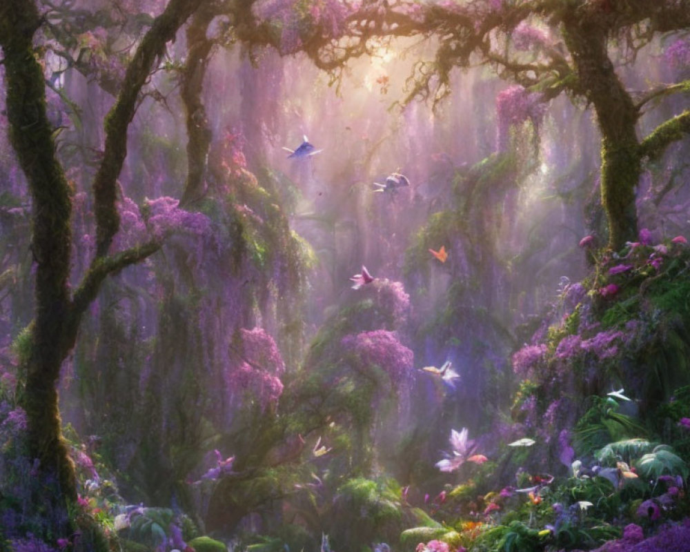 Mystical forest with twisting trees, hanging moss, purple flowers, and ethereal light.