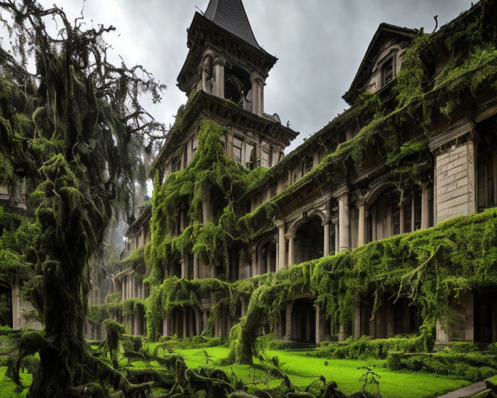 Moss-Covered Gothic Building with Creeping Vines and Twisted Trees