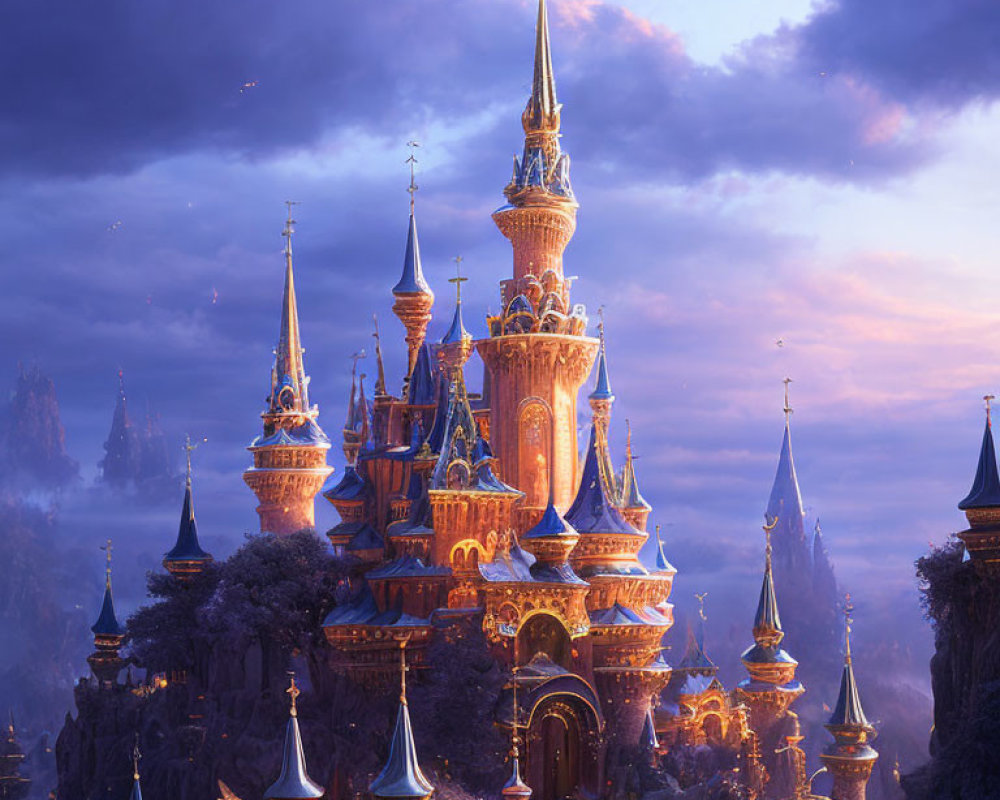 Enchanting castle with golden spires in purple twilight sky