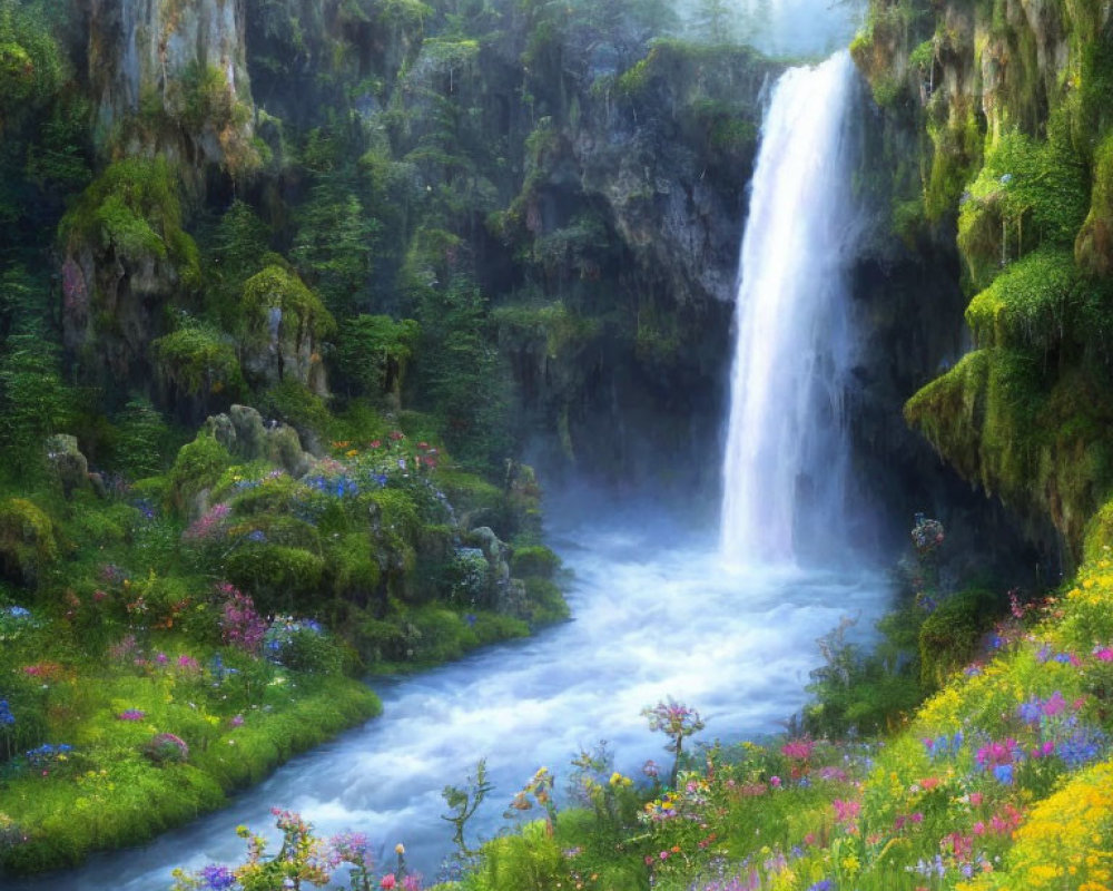 Tranquil Waterfall Surrounded by Greenery and Wildflowers