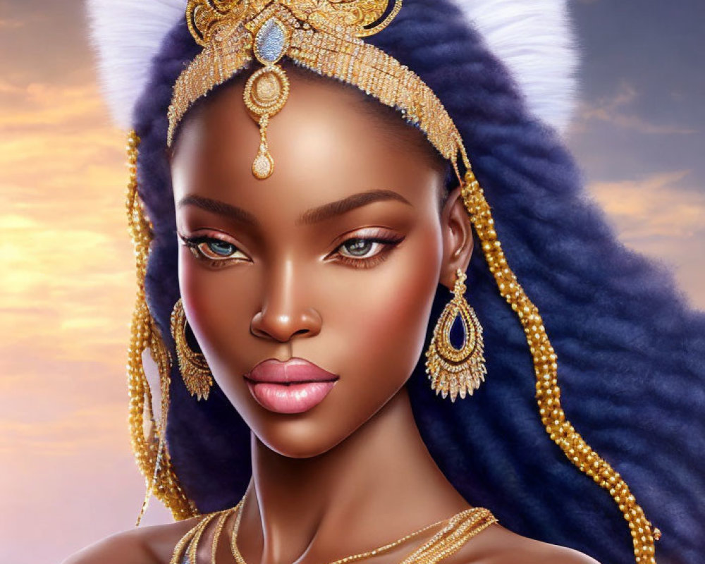 Digital artwork featuring woman with gold jewelry, fur headdress, blue gem, and dark blue hair