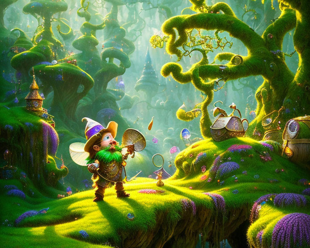 Fantastical forest scene with gnome, vibrant greenery, mushrooms, creatures, bubbles, and sunlight