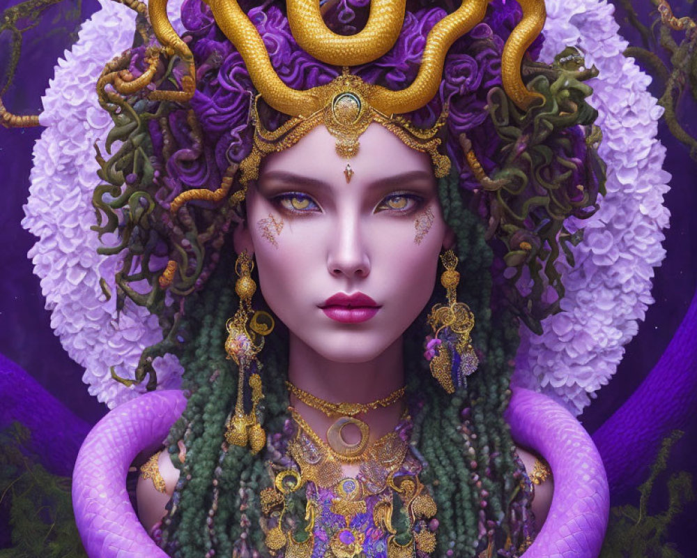 Digital art portrait of woman with serpentine features, gold jewelry, snake-like headdress, purple