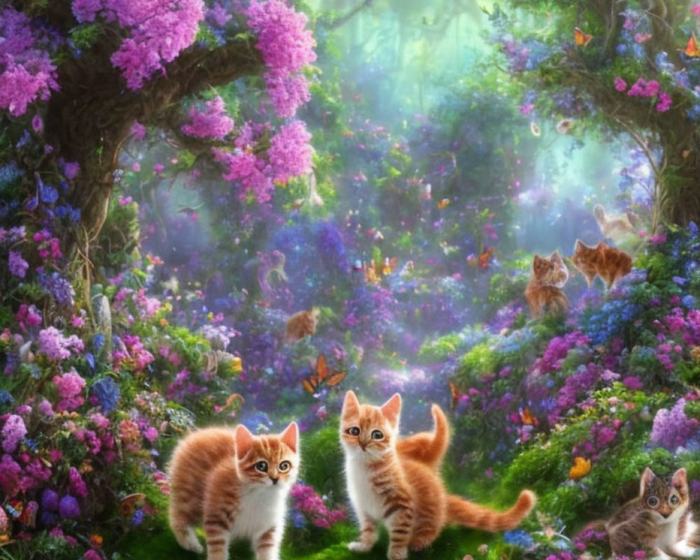 Orange-and-white kittens in vibrant forest with purple hues and playful cats.