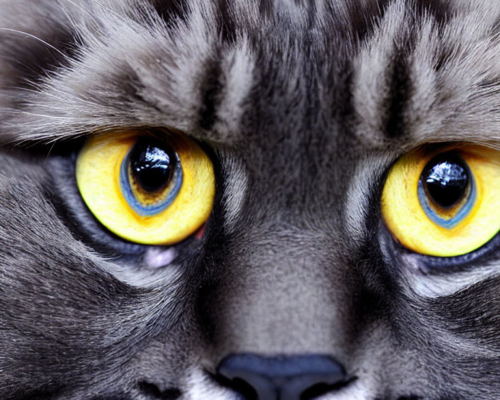 Striking yellow eyes and grey striped fur on cat's face