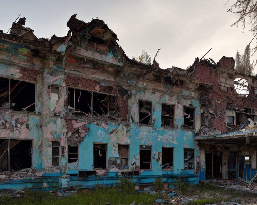 Abandoned two-story building with peeling blue paint and collapsed roof.