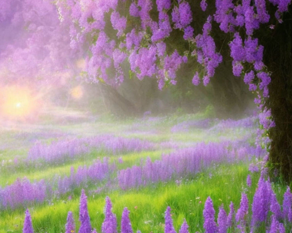 Tranquil landscape with purple wisteria tree and lavender field