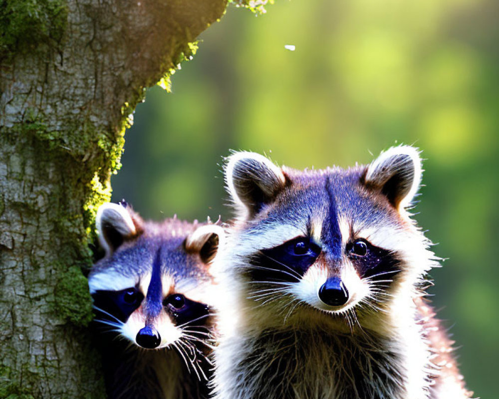 Curious raccoons under tree, sunlight filtering through foliage