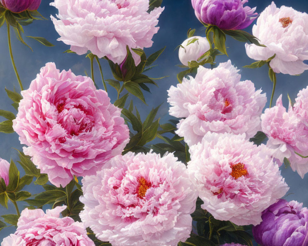 Vibrant Pink and Purple Peonies on Dark Blue Background