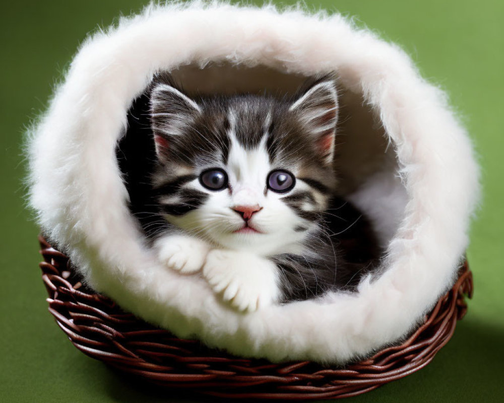 Adorable fluffy kitten in wicker basket on green background