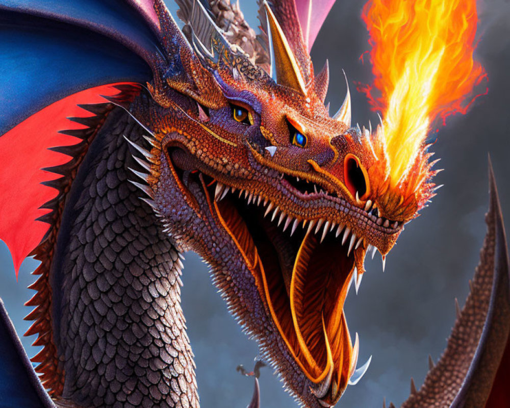 Detailed illustration of a fierce dragon breathing fire in a dramatic sky