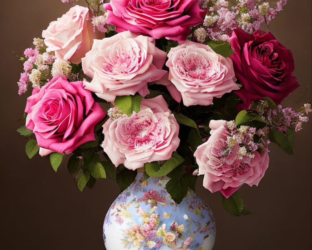 Pink Roses and Delicate Flowers in White Vase on Neutral Background