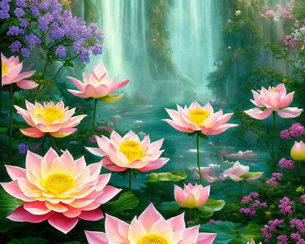 Pink Lotus Flowers Blooming Over Tranquil Pond