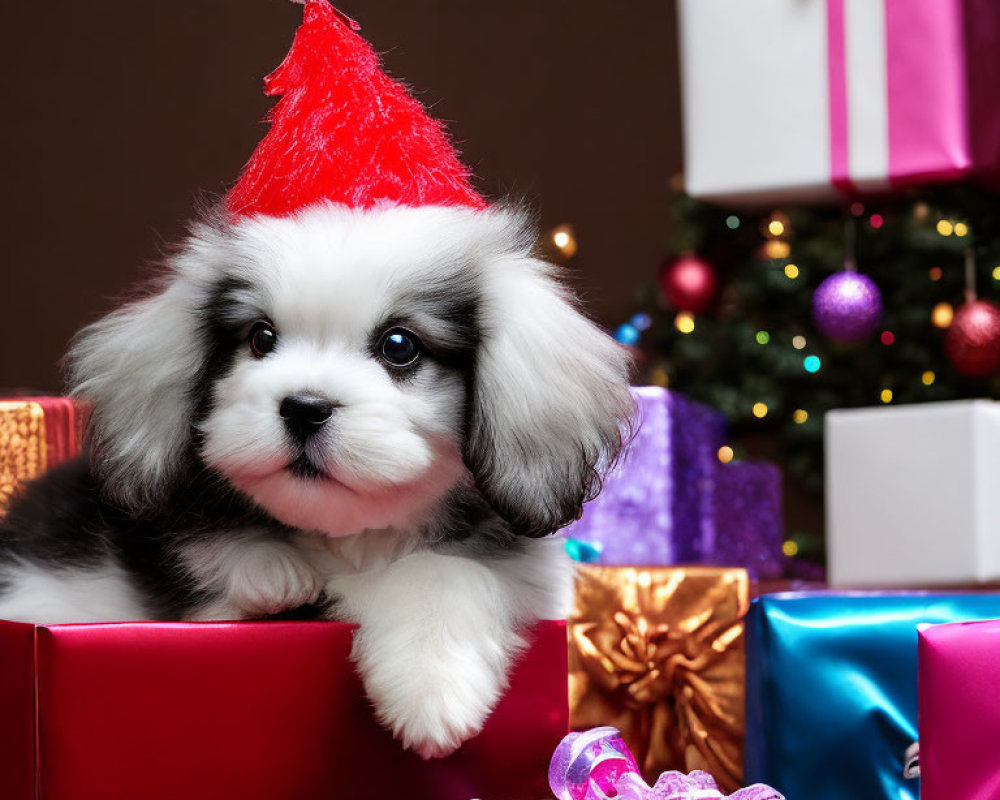 Adorable Puppy in Santa Hat Surrounded by Christmas Decorations