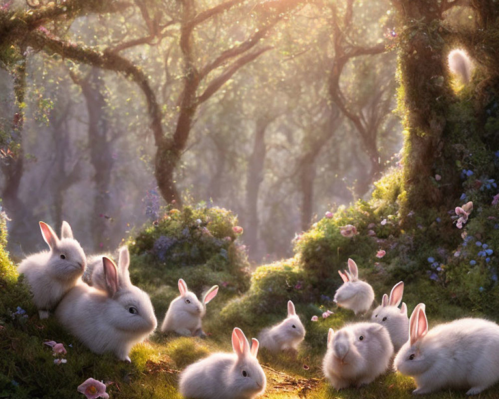 Enchanted forest with white rabbits and flowers in serene setting