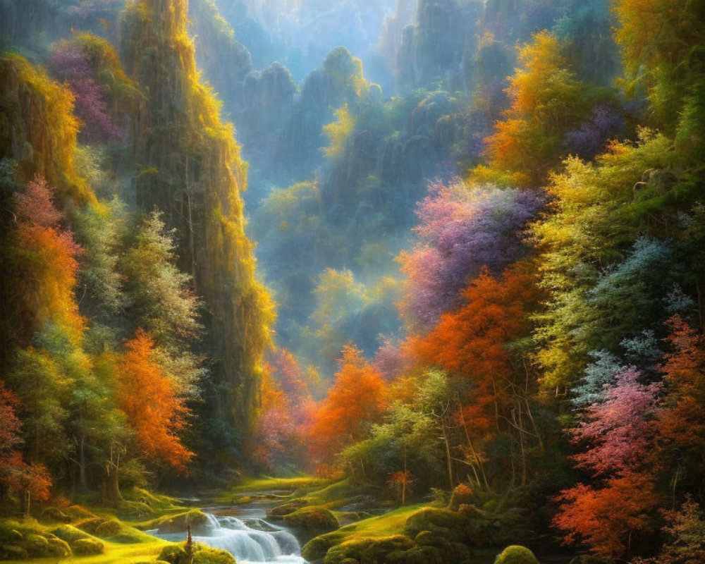 Tranquil forest stream in autumn sunlight