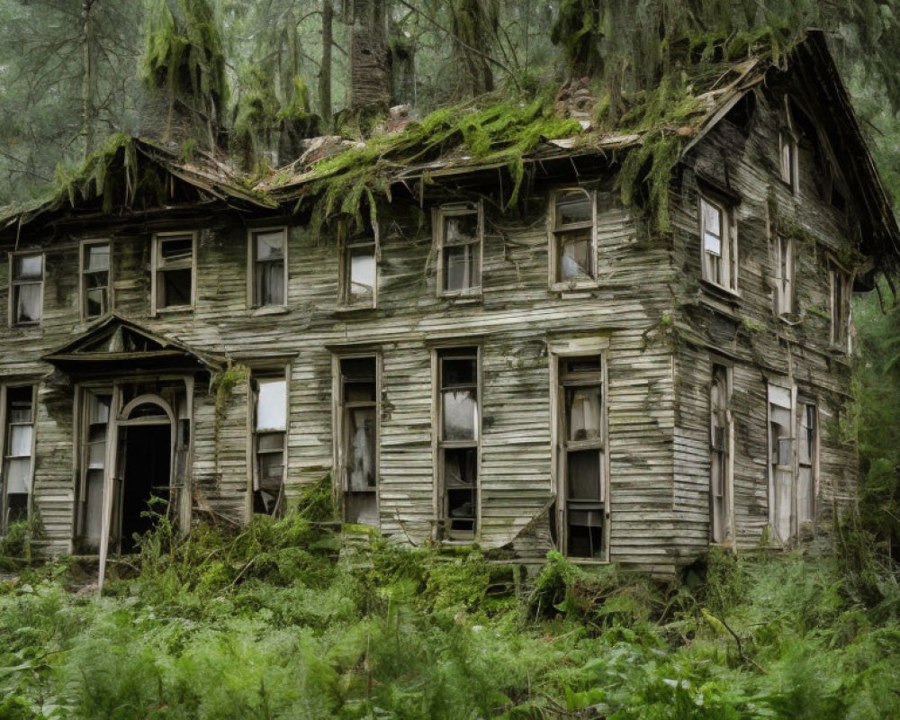 Abandoned wooden house covered in moss in dense forest