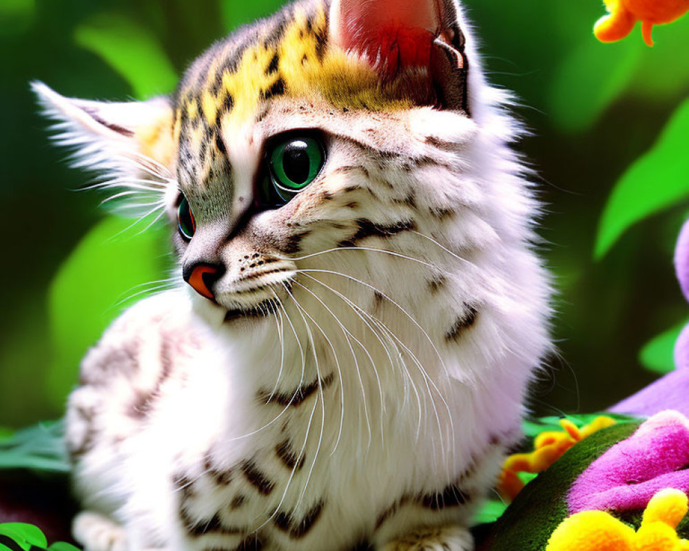 Digitally altered cat with tiger stripes and green eyes in floral setting