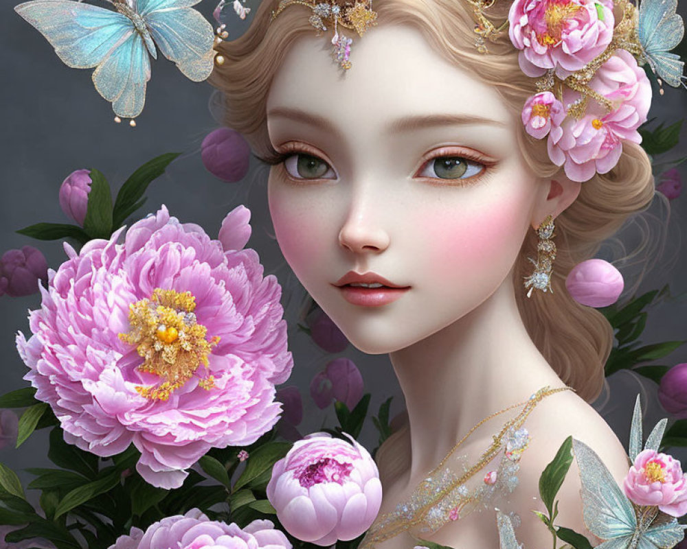 Digital portrait of young woman with pink peonies and butterflies in hair