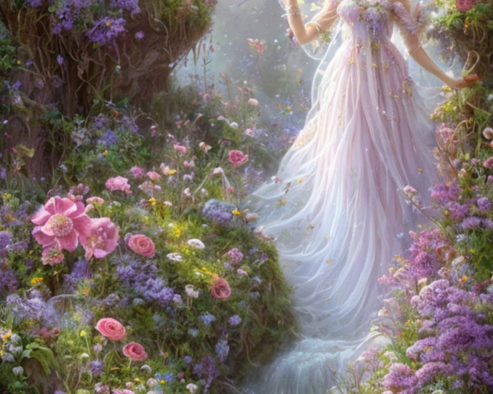 Mystical fairy in pink dress among vibrant enchanted forest with rabbits