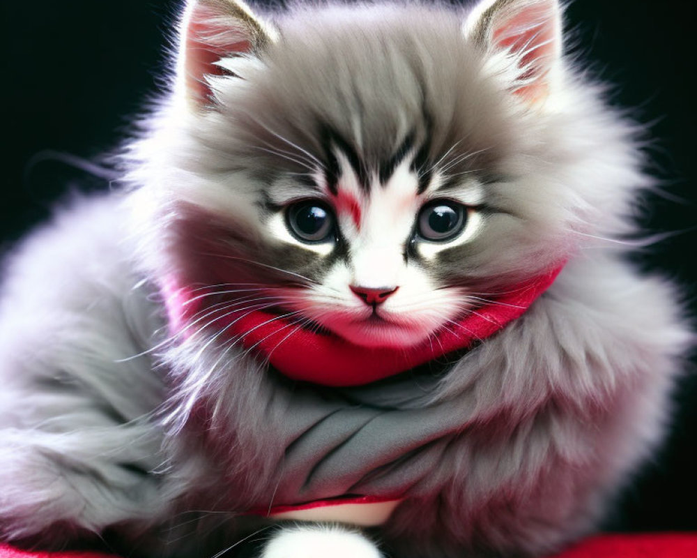 Adorable Gray Kitten with Striking Eyes and Red Bow on Red Surface