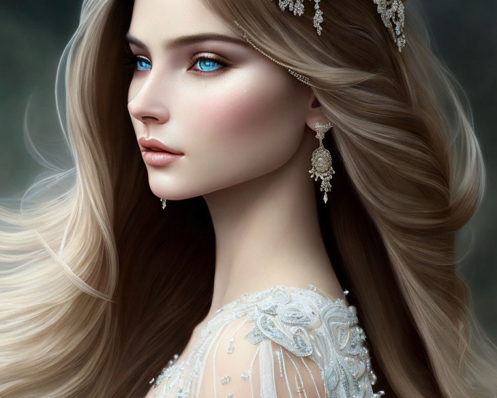 Digital painting of woman with blonde hair, blue eyes, tiara, pearl earrings, and embroidered gown