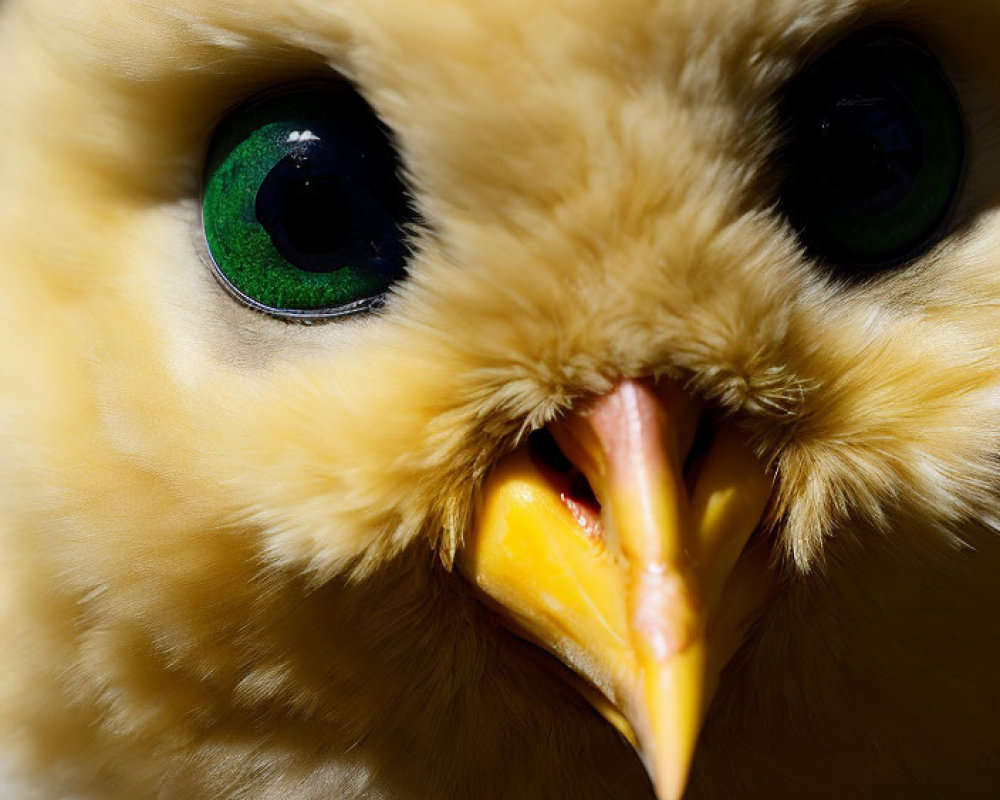 Detailed Close-Up of Bird with Bright Green Eyes and Yellow Beak