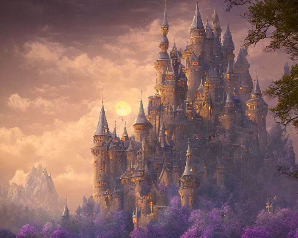 Majestic castle with spires in purple foliage under twilight sky