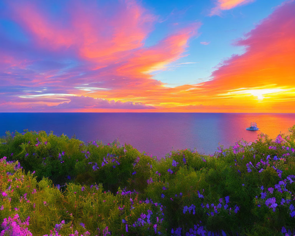 Colorful sunset sky over calm sea with ship and wildflowers.