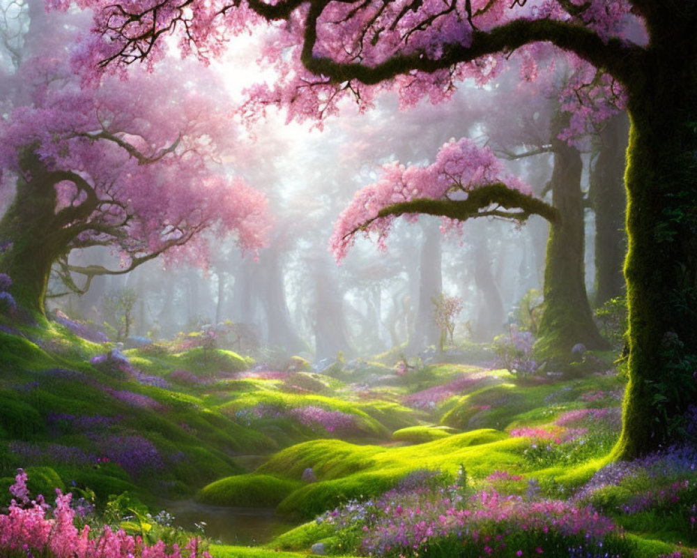 Enchanting forest scene with cherry blossoms, moss, flowers, and sunlight