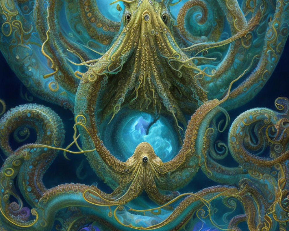 Intricate Fantastical Octopus with Swirling Tentacles in Underwater Scene