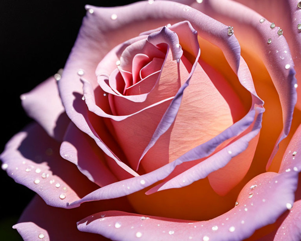 Pink rose with water droplets in sunlight on dark background