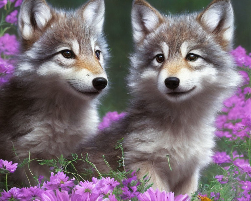 Fluffy grey fox pups in purple flower field