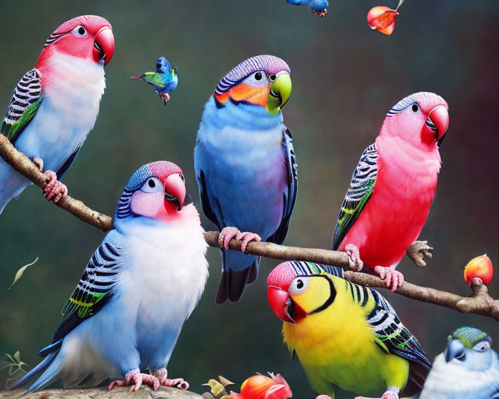 Vibrant parakeets with colorful feathers on branches in serene setting