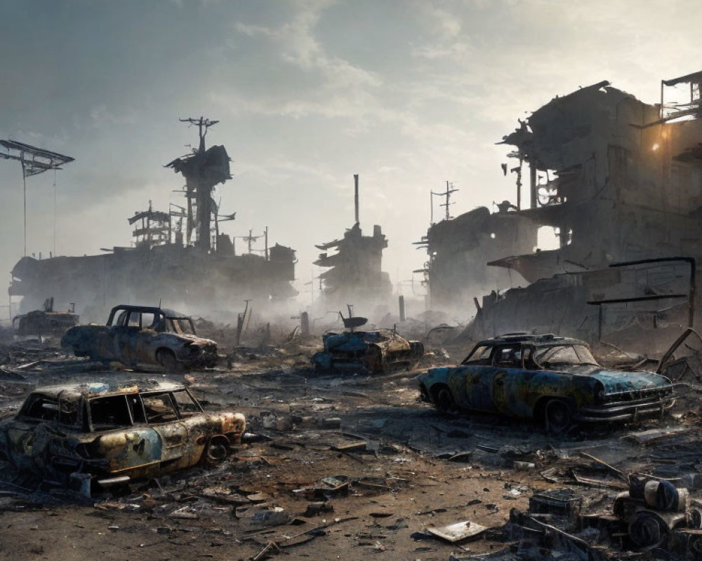 Derelict post-apocalyptic urban landscape with decaying buildings and cars