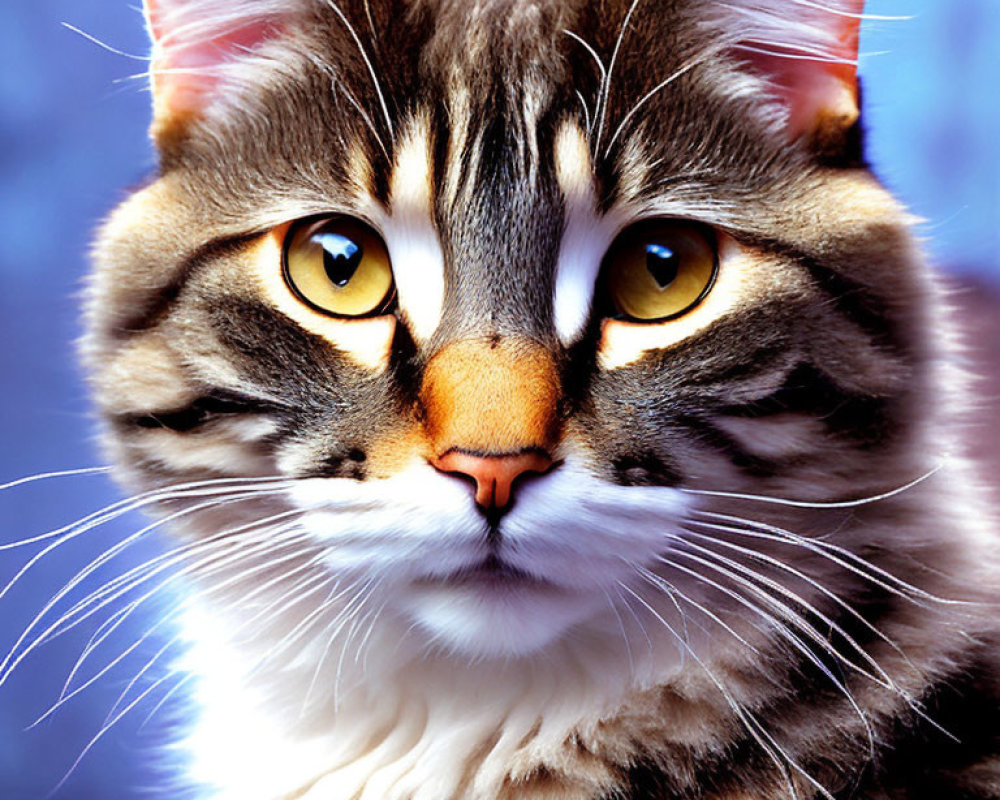 Fluffy tabby cat with yellow eyes and facial markings on blue background