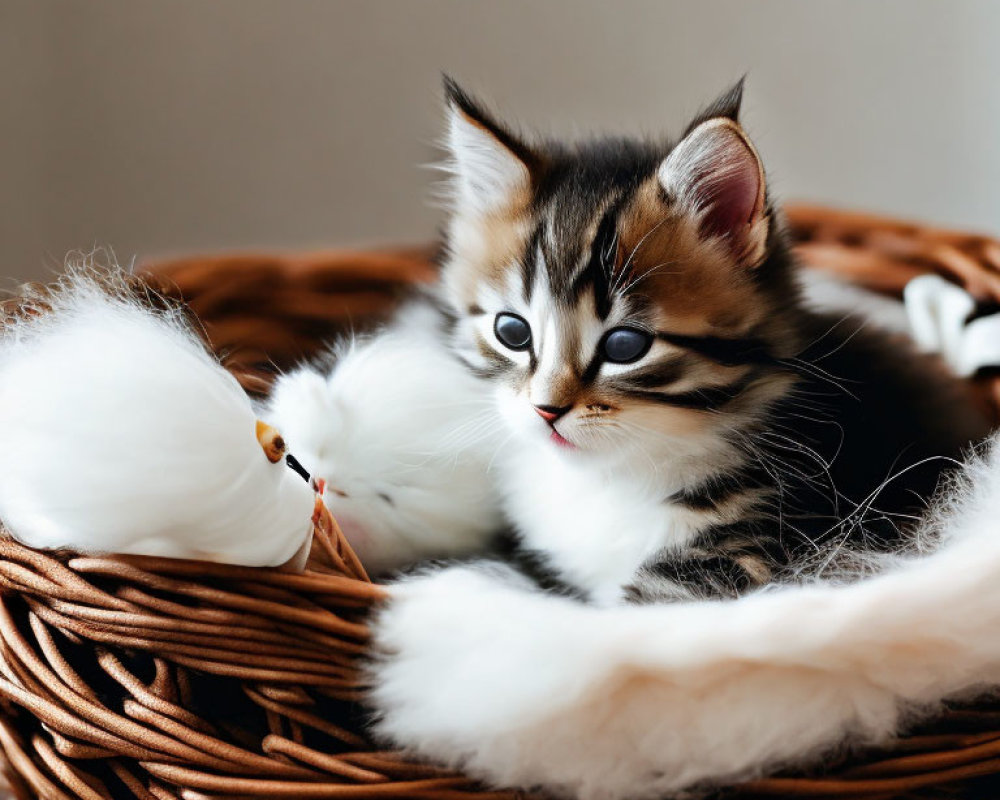 Adorable striped kitten plays with white feathers in wicker basket