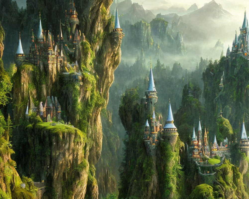 Fantasy landscape with green cliffs, castles, forests, and misty mountains