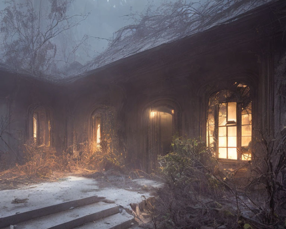 Abandoned Building Interior with Overgrown Plants and Eerie Light