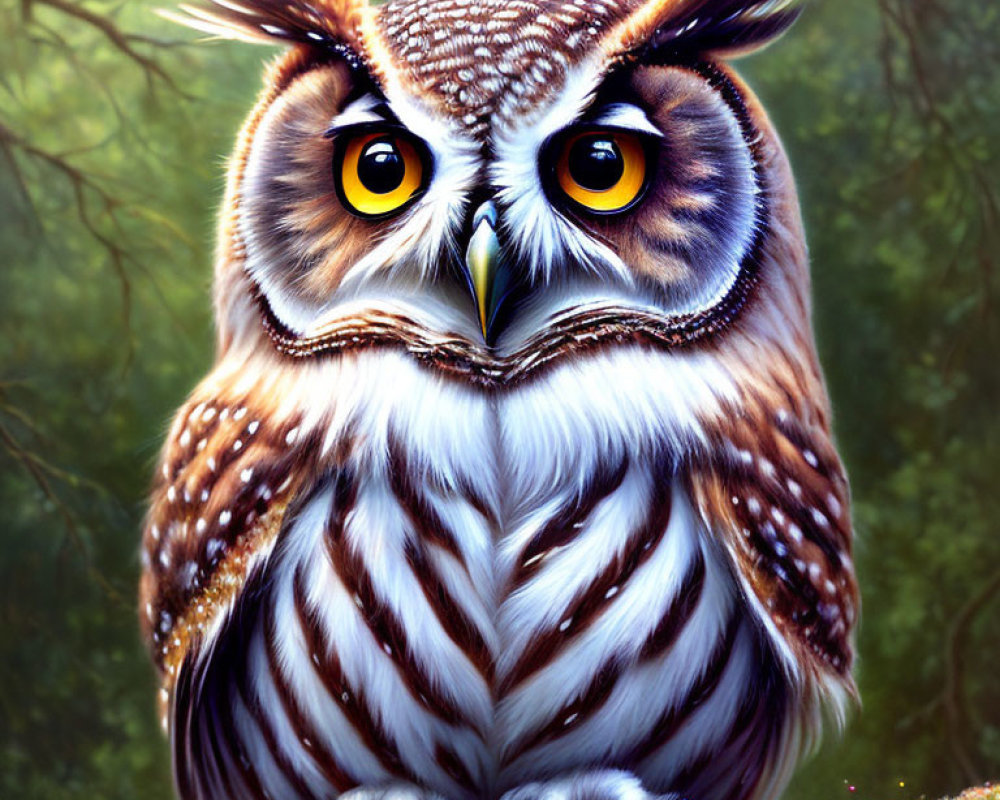 Detailed digital image: Owl with luminous yellow eyes, intricate feathers, on branch in misty forest