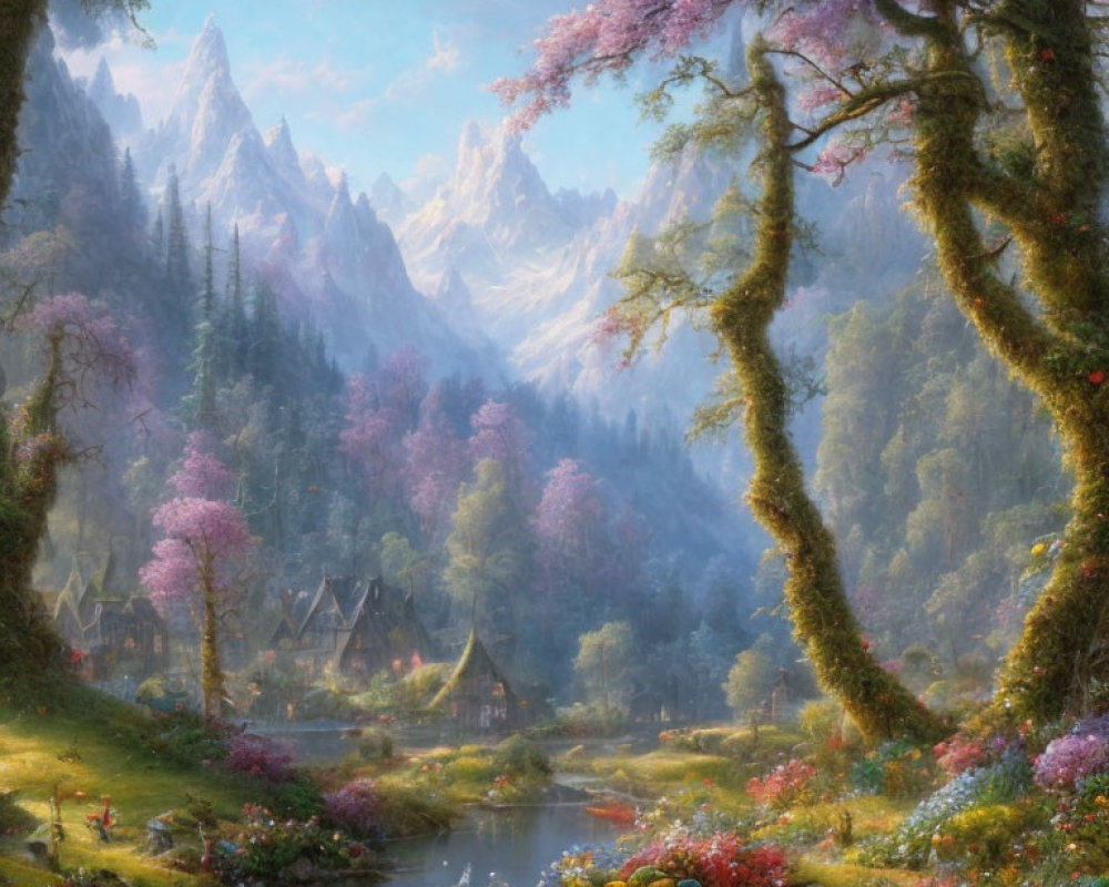 Scenic landscape with pink trees, river, cottages & mountains