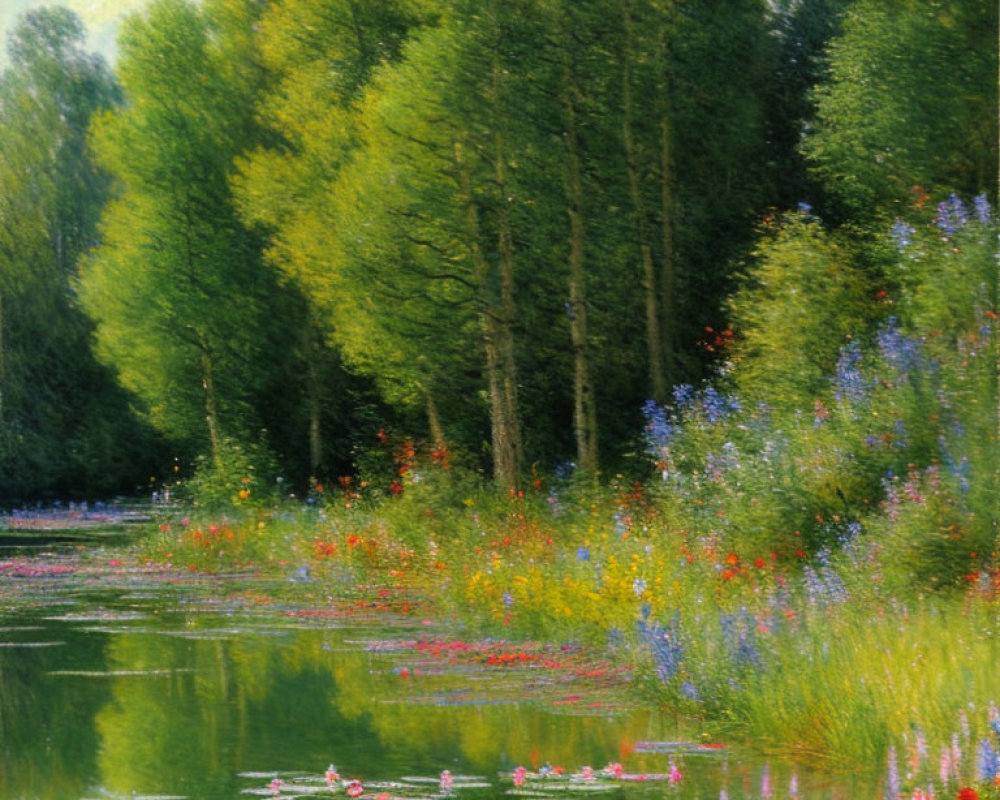 Serene Pond Painting with Lush Trees and Wildflowers