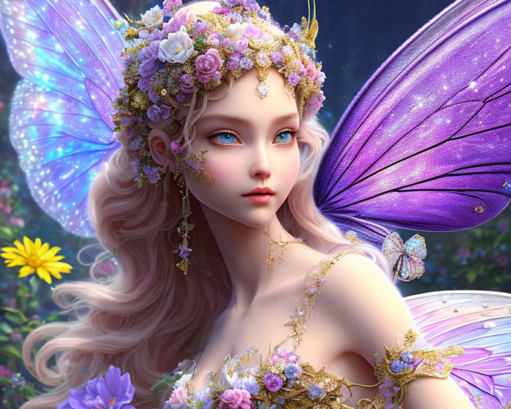 Fantasy fairy digital artwork with floral headpiece and purple wings