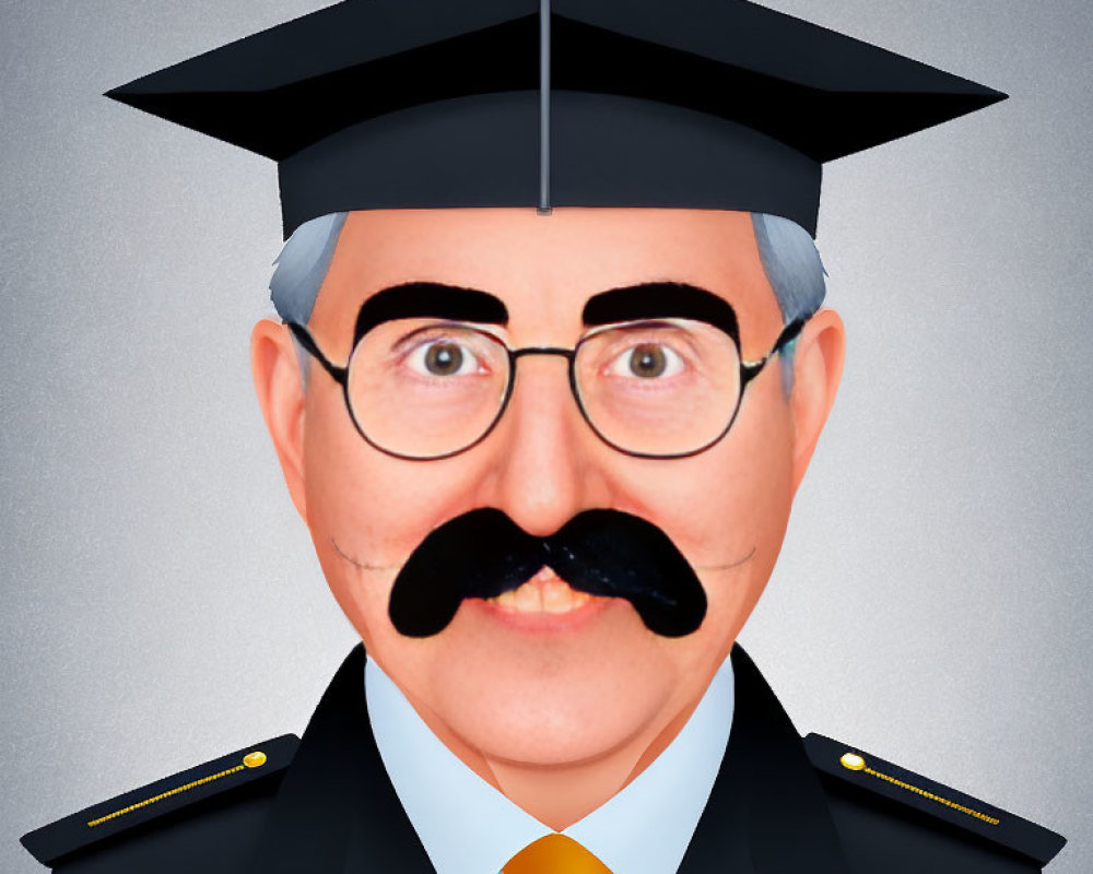 Person depicted in caricature with graduation cap, round glasses, bushy mustache, and military-style