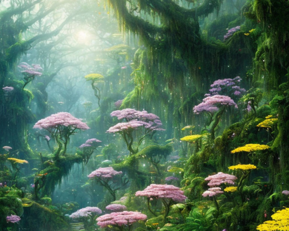 Lush Enchanted Forest with Sunlight and Vibrant Flowers