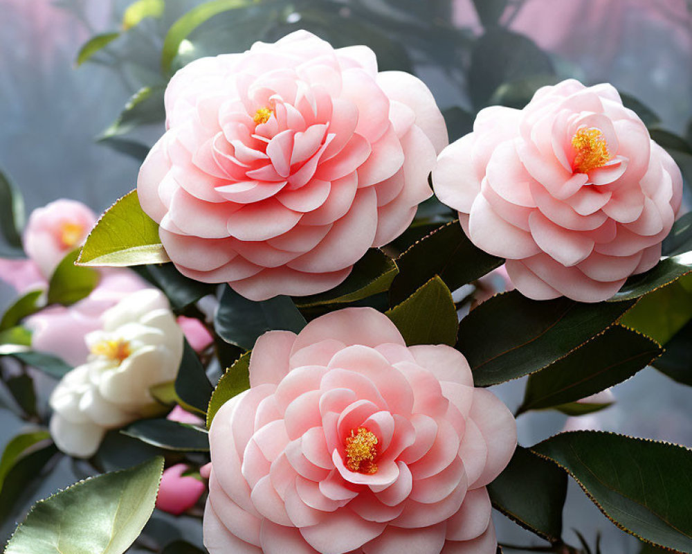 Blooming pink camellias with yellow stamens on green backdrop